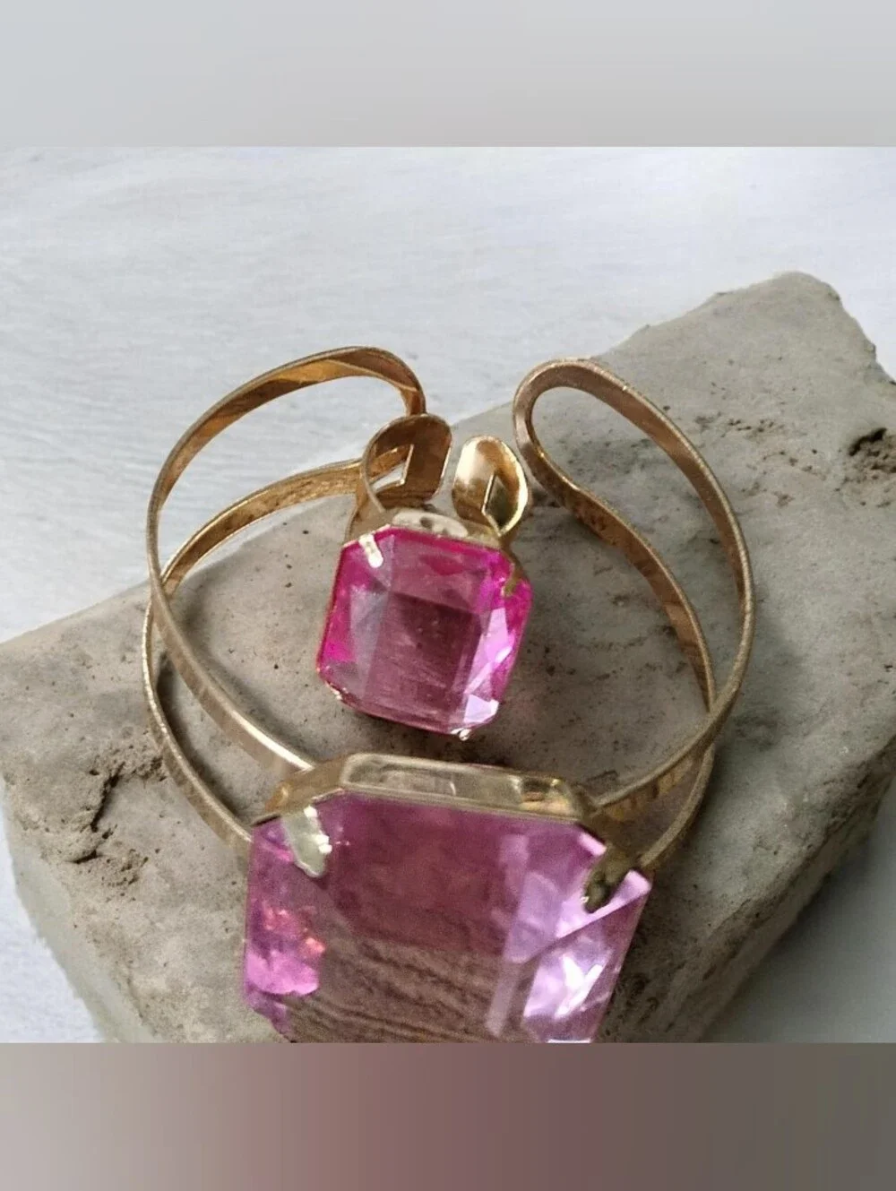 Gold-Tone Pink Gem Cuff Bracelet and Ring Set